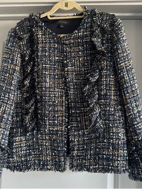 Ann Taylor Navy, Cream & Gold Tweed Ruffle Bouclé Blazer